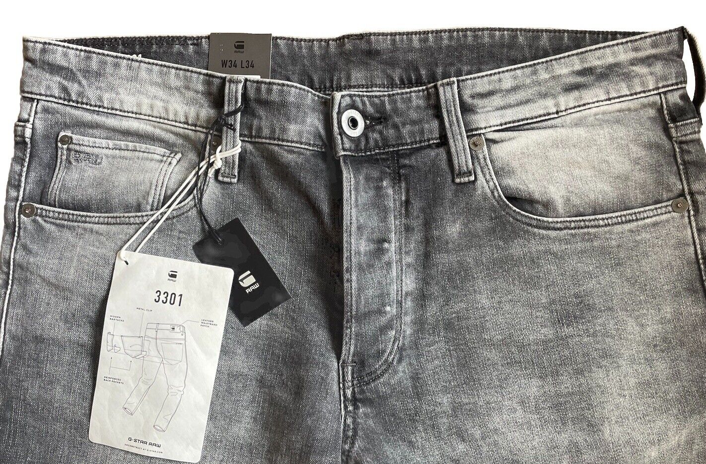 G-Star Jeans Herren 3301 Straight Tapered Gerades Bein Grau Größe 34 / 34